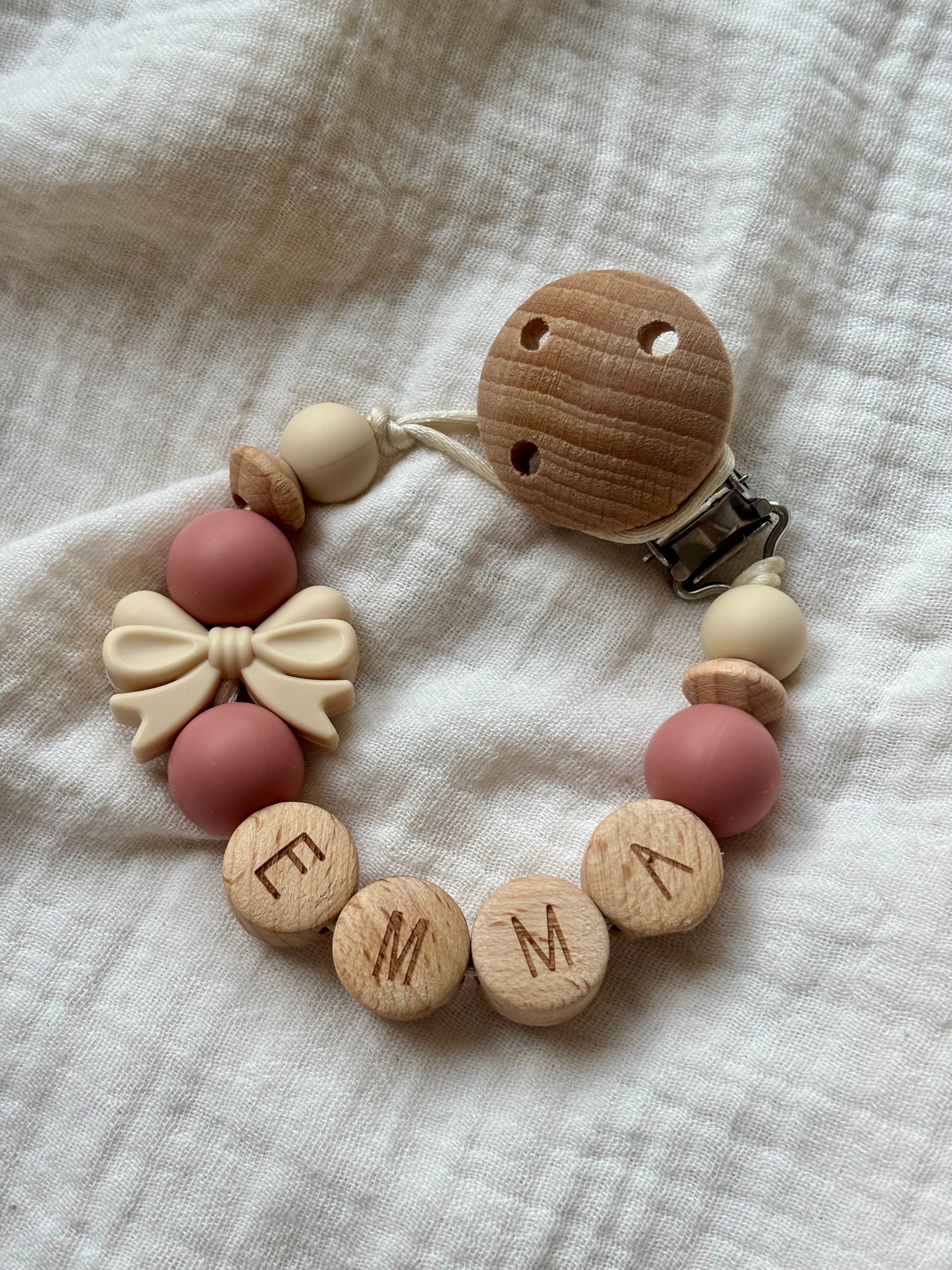 Speenkoord ‘Strik’ met naam| Roze & Beige