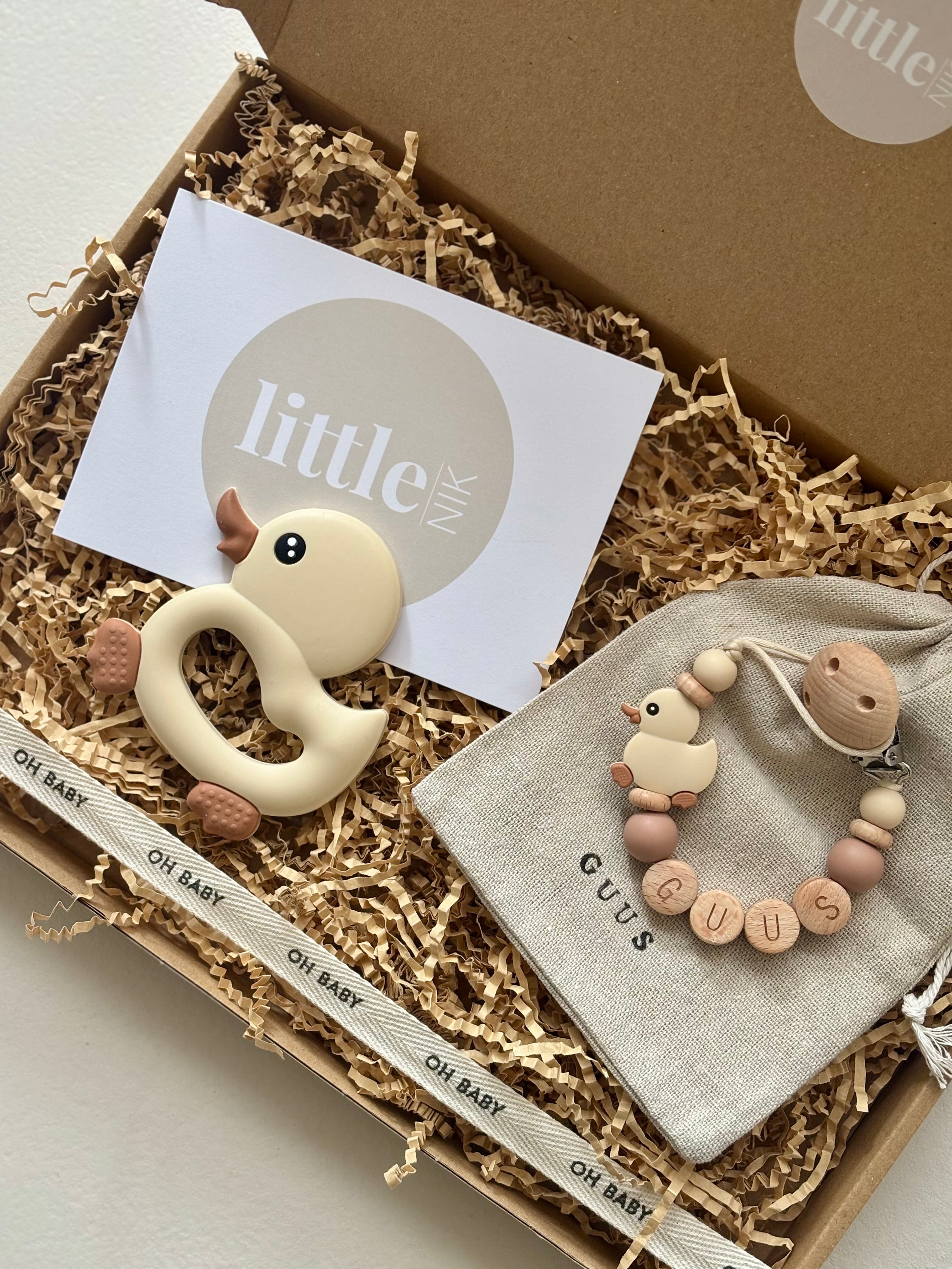 Cadeauset speenkoord met naam & bijtring 'Eend'